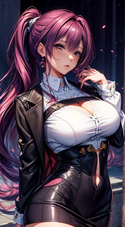 One woman,30 years old,mature,Raised to be sexy, masterpiece, Highest quality, Bold line, Nipple erection, Purple Hair, Double Ponytail Hairstyle,Northern Hemisphere Breast Exposure, lips, Place your hands behind your back,Ultra Max_Medium chest!! Good chest shape_melon, Cleavage, Tight Suit, Super Skirt, Anime Aestheticaid-style cloth