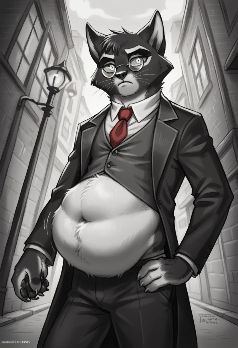 mordecai heller, solo, green sclera, walking in an alleyway, night time, detailed paw hands, ((detailed face, (detailed eyes), by zackarry911, by zaush, (by personalami:0.5), solo, skinny, looking away from the viewer, 1boy, male focus, red necktie, glasses, coat, hand on hip, hand holding phone on a call, formal, from below, glasses, suit, grey suit vest, necktie, ((flatcolor)), vore, large vore stomach, person inside of the vore stomach is struggling, black and white fur, white fluffy belly, gurgling belly effect, perfect proportions 