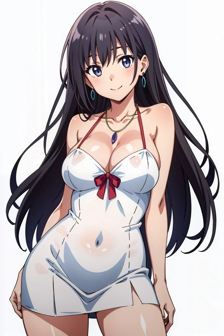 masterpiece, High resolution, Highest quality, Absurd, formal, One girl, alone,  Long Hair, (Prostitute costume), White background, Bodycon, Micro Dress,, necklace, Earrings, belly button, Face Focus, Wicked Smile, Saggy breasts, Black nipples,Shiny skin,Anime cel style。Belly bulge
