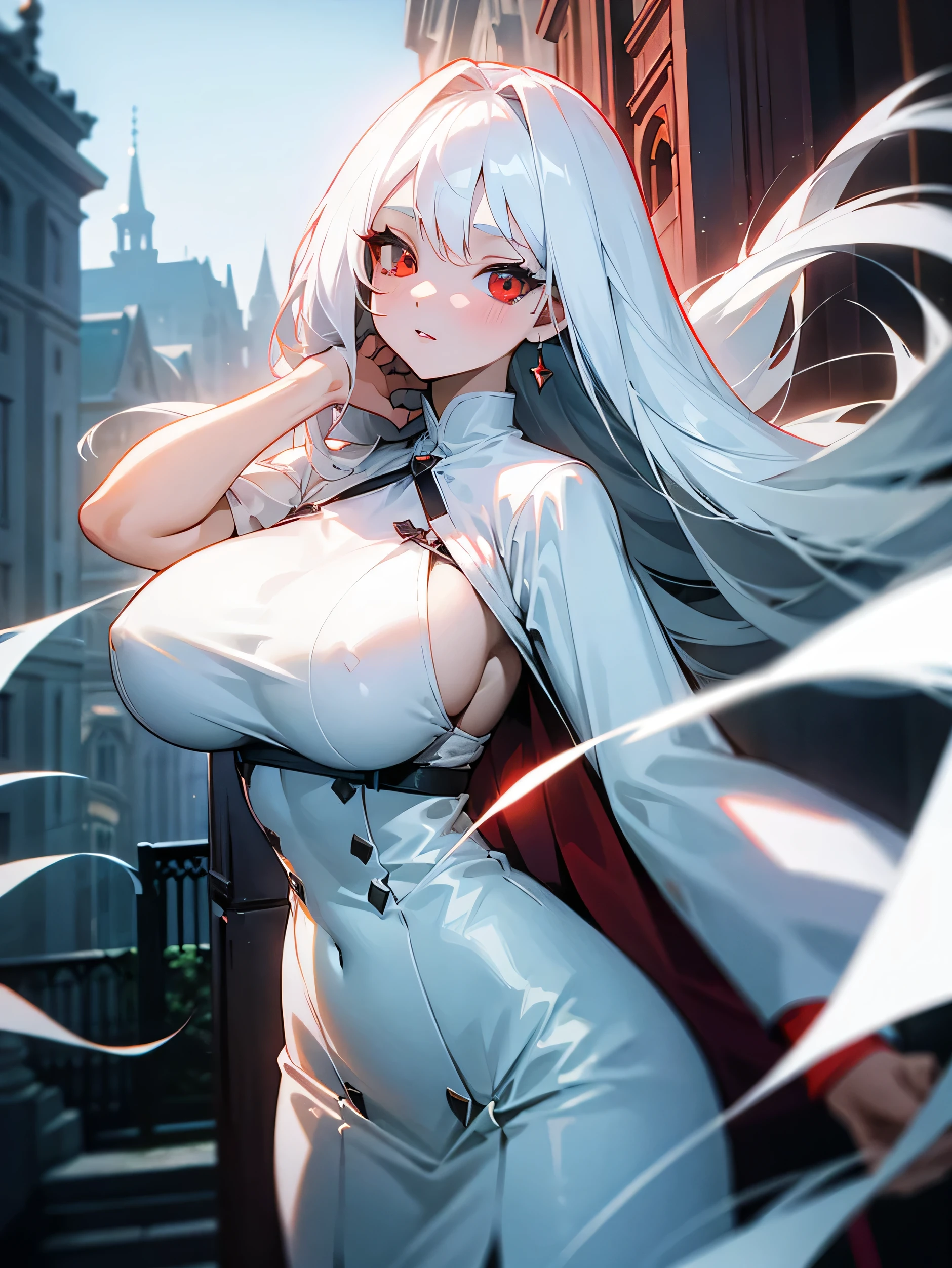 1girl, long white hair, red eyes, wearing simple white dress, White skirt, big breasts, historical city, historic mension, high res, ultrasharp, 8K, masterpiece, looking at viewer