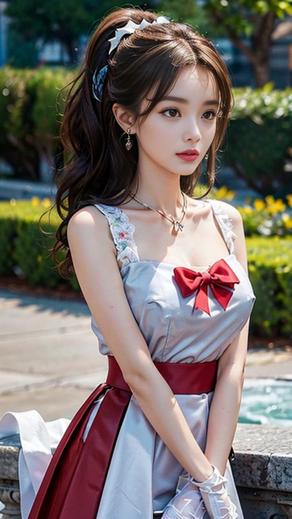 (, high resolution, Ultra Detailed, nffsw), On the table, best quality, SAMA1, Tira, Sailor warrior, White gloves, Red sailor collar, Red Skirt, Star necklace, Elbow groove, Pleated Skirt, Bare legs, Purple bow, Cowboy photoshoot, outdoor, Bokeh (85mm lens), Front camera, Gentle expression, wind blowing hair, fluffy hair, hair ((Brown)), Ponytail, Casual hairstyles, Blonde hair, Mole under left eye, Perfect body, Big breasts, Large Breasts, Top quality wearing hair ribbons, Earrings of top quality, garden，fountain