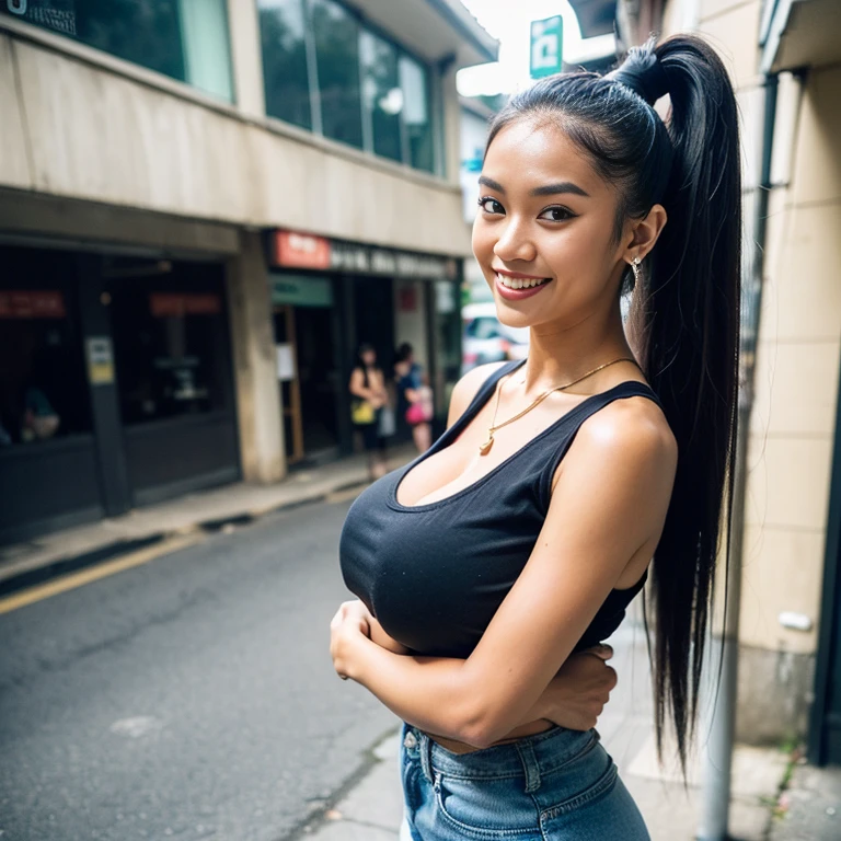 (extreme wide shot:1.5),(thai Women),(super highponytail hair),(huge breast:1.5),(slender waist), (urban street:1.5),(sleeveless shirt),(darkskinned),(smile),(((top-quality,masutepiece,8K,Photorealsitic)))