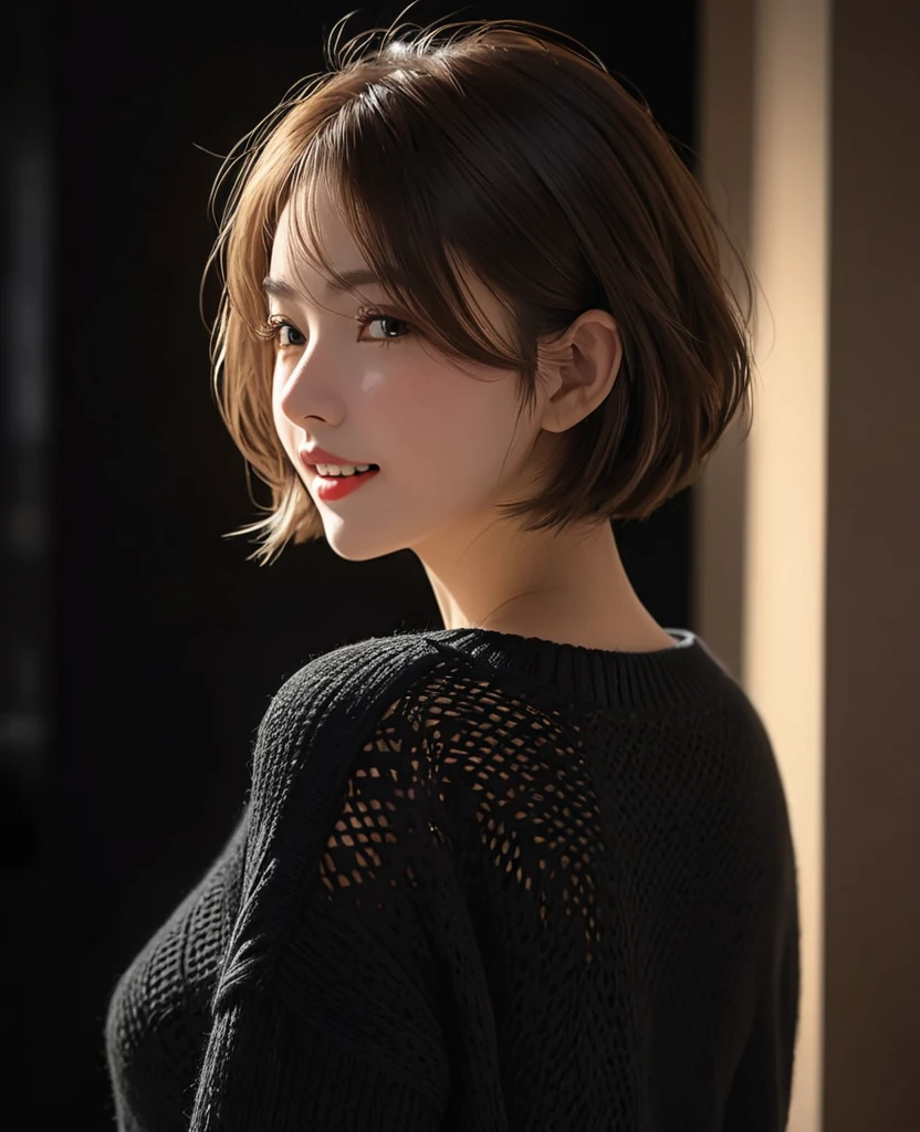best quality，masterpiece，ultra high resolution，(realism:1.5)，original photo，1 girl，low shoulders，in the dark，deep shadows，low profile，openwork sweater，cold light，attractive appearance，Short hair，half body photo，laugh
