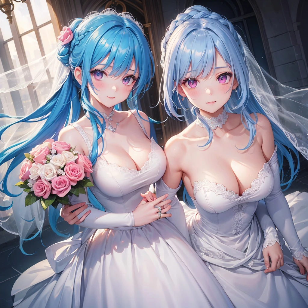 Sky blue hair, (Braided Ponytail),(Pink Eyes),Fair skin ,(whole body),(One girl),bride,A big smile,Straight bangs, 6月のbride,Wedding dress,(masterpiece, Highest quality, Very detailed, Best Shadow), (Detailed Background), (Beautifully detailed face), High Contrast, (Best lighting, Very delicate and beautiful), ((Cinematic Light)), colorful, Hyper Detail, Dramatic Light, Intricate details,Chapel background,A bouquet of roses in the right hand,Ring on left ring finger,