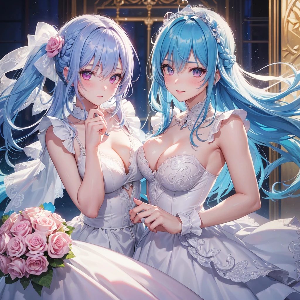 Sky blue hair, (Braided Ponytail),(Pink Eyes),Fair skin ,(whole body),(One girl),bride,A big smile,Straight bangs, 6月のbride,Wedding dress,(masterpiece, Highest quality, Very detailed, Best Shadow), (Detailed Background), (Beautifully detailed face), High Contrast, (Best lighting, Very delicate and beautiful), ((Cinematic Light)), colorful, Hyper Detail, Dramatic Light, Intricate details,Chapel background,A bouquet of roses in the right hand,Ring on left ring finger,