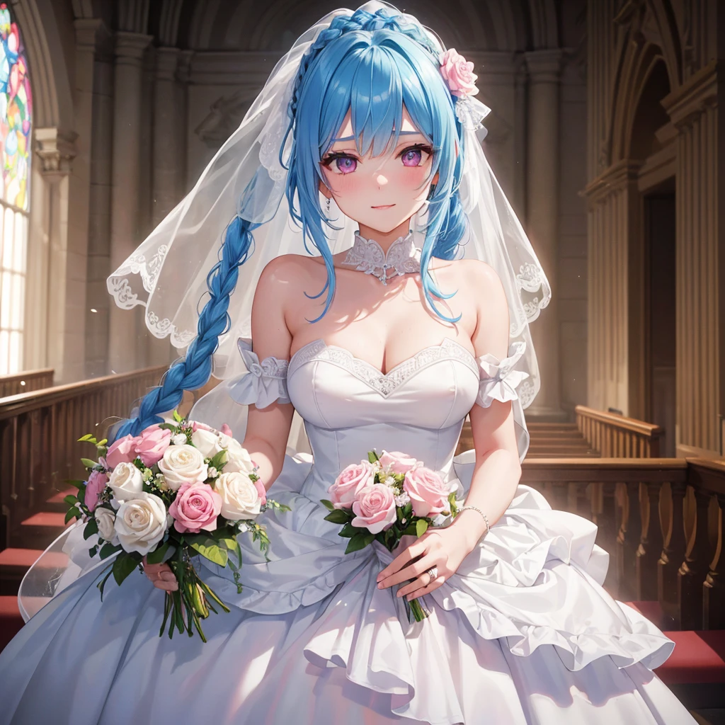 Sky blue hair, (Braided Ponytail),(Pink Eyes),Fair skin ,(whole body),(One girl),bride,A big smile,Straight bangs, 6月のbride,Wedding dress,(masterpiece, Highest quality, Very detailed, Best Shadow), (Detailed Background), (Beautifully detailed face), High Contrast, (Best lighting, Very delicate and beautiful), ((Cinematic Light)), colorful, Hyper Detail, Dramatic Light, Intricate details,Chapel background,A bouquet of roses in the right hand,Ring on left ring finger,