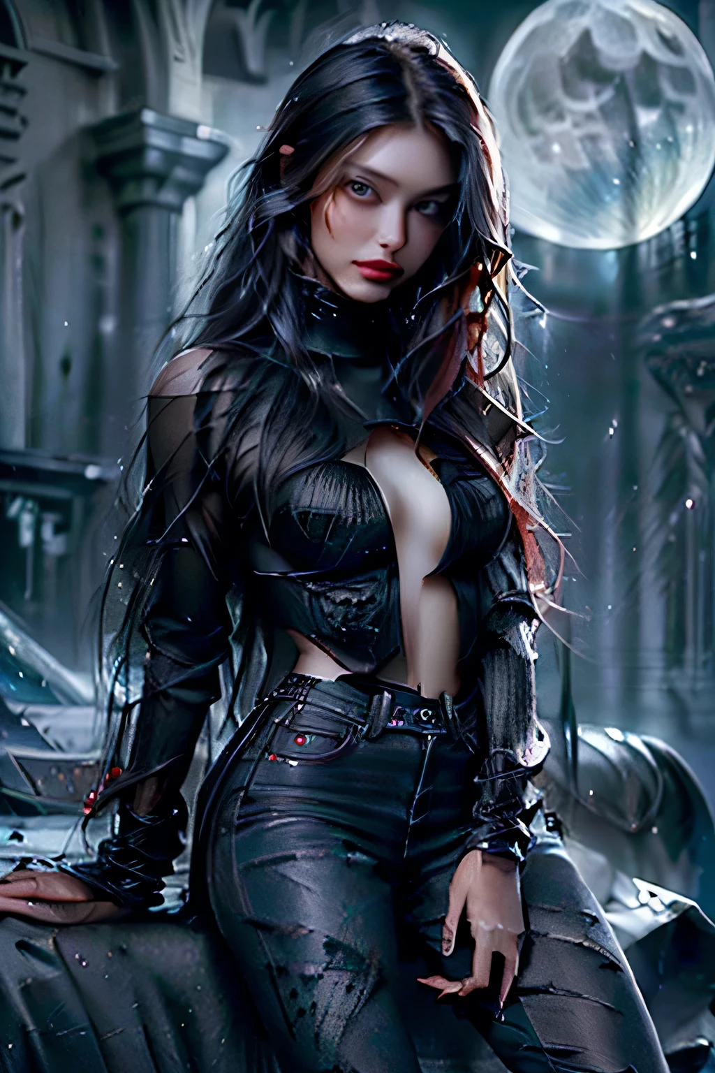 (Sci-fi fantasy), (masterpiece), (Professional Oil Painting) (最high quality), (8K resolution), (1 beautiful girl), ((Pale grey skin)), (Iron grey skin), ((Jeans Clothes)),(Red jacket)), ((Black t-shirt underneath), ((Red lipstick)), ((Black sneakers)), (Concept Art), Small box, (Long Hair), (Messy Hair), (Black Hair), (Iron-gray hair), ((With futuristic weapons)), (ammunition), ((Moonlight at night)), (Sit down and think)), masterpiece, 最high quality, high quality, High resolution,
