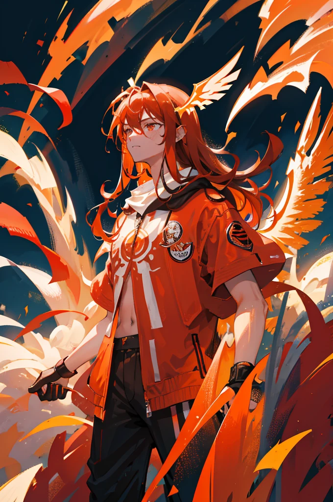 High-quality digital painting of a young man with long brown hair and piercing orange eyes, adorned in mediaval attire, controlling vibrant flames with a pair of enormous crimson wings sprouting from his back, intense and powerful, detailed hair and facial features without facial hair and without fire or accessories on the face looking forward, fiery and majestic, fantasy, vibrant color palette, dramatic lighting