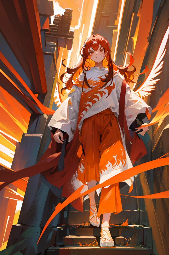 High-quality digital painting of a young man with long brown hair and piercing orange eyes, adorned in mediaval attire, controlling vibrant flames with a pair of enormous crimson wings sprouting from his back, intense and powerful, detailed hair and facial features without facial hair and without fire or accessories on the face looking forward, fiery and majestic, fantasy, vibrant color palette, dramatic lighting
