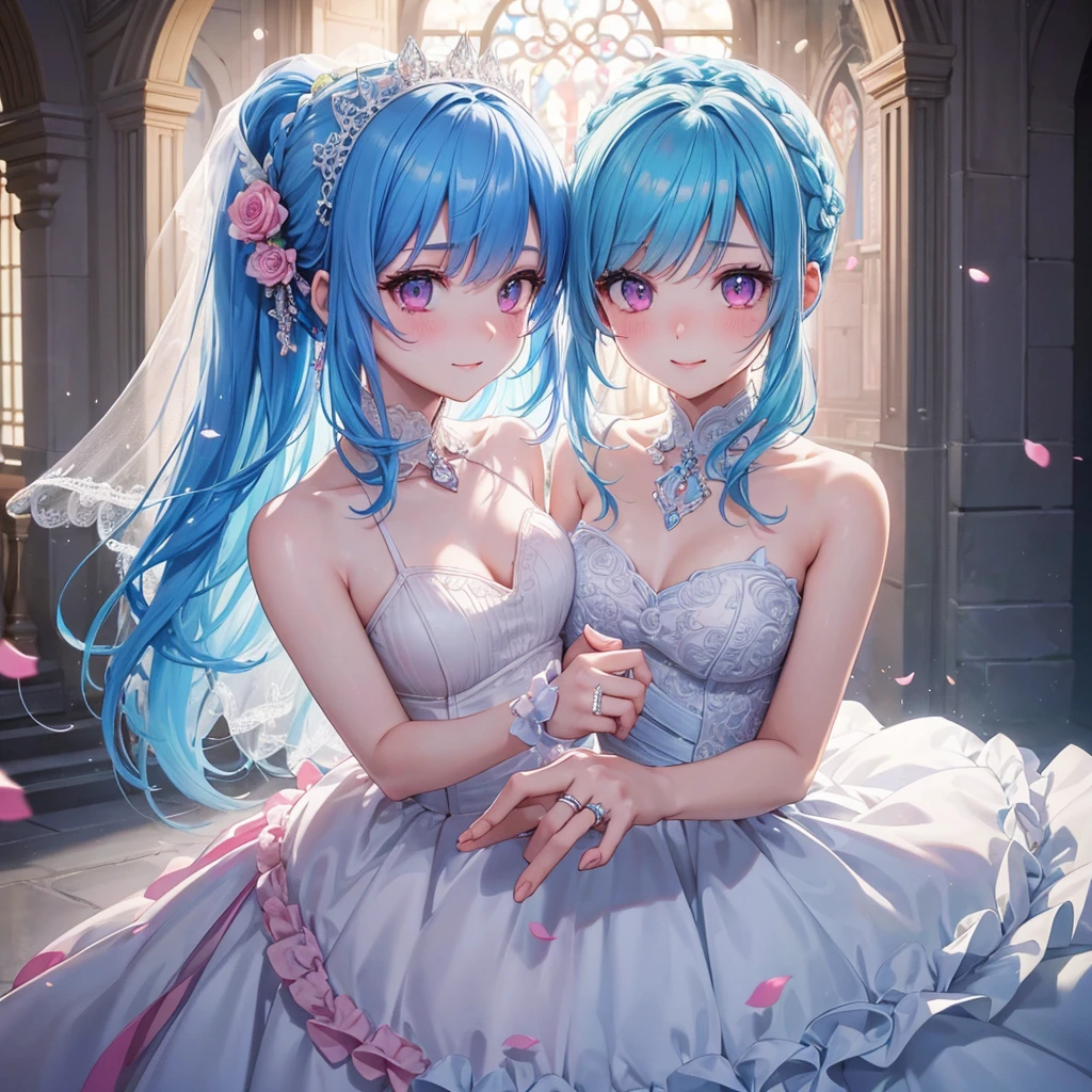 Sky blue hair, (Braided Ponytail),(Pink Eyes),Fair skin ,(whole body),(One girl),bride,A big smile,Straight bangs, 6月のbride,Wedding dress,(masterpiece, Highest quality, Very detailed, Best Shadow), (Detailed Background), (Beautifully detailed face), High Contrast, (Best lighting, Very delicate and beautiful), ((Cinematic Light)), colorful, Hyper Detail, Dramatic Light, Intricate details,Chapel background,A bouquet of roses in the right hand,Ring on left ring finger,