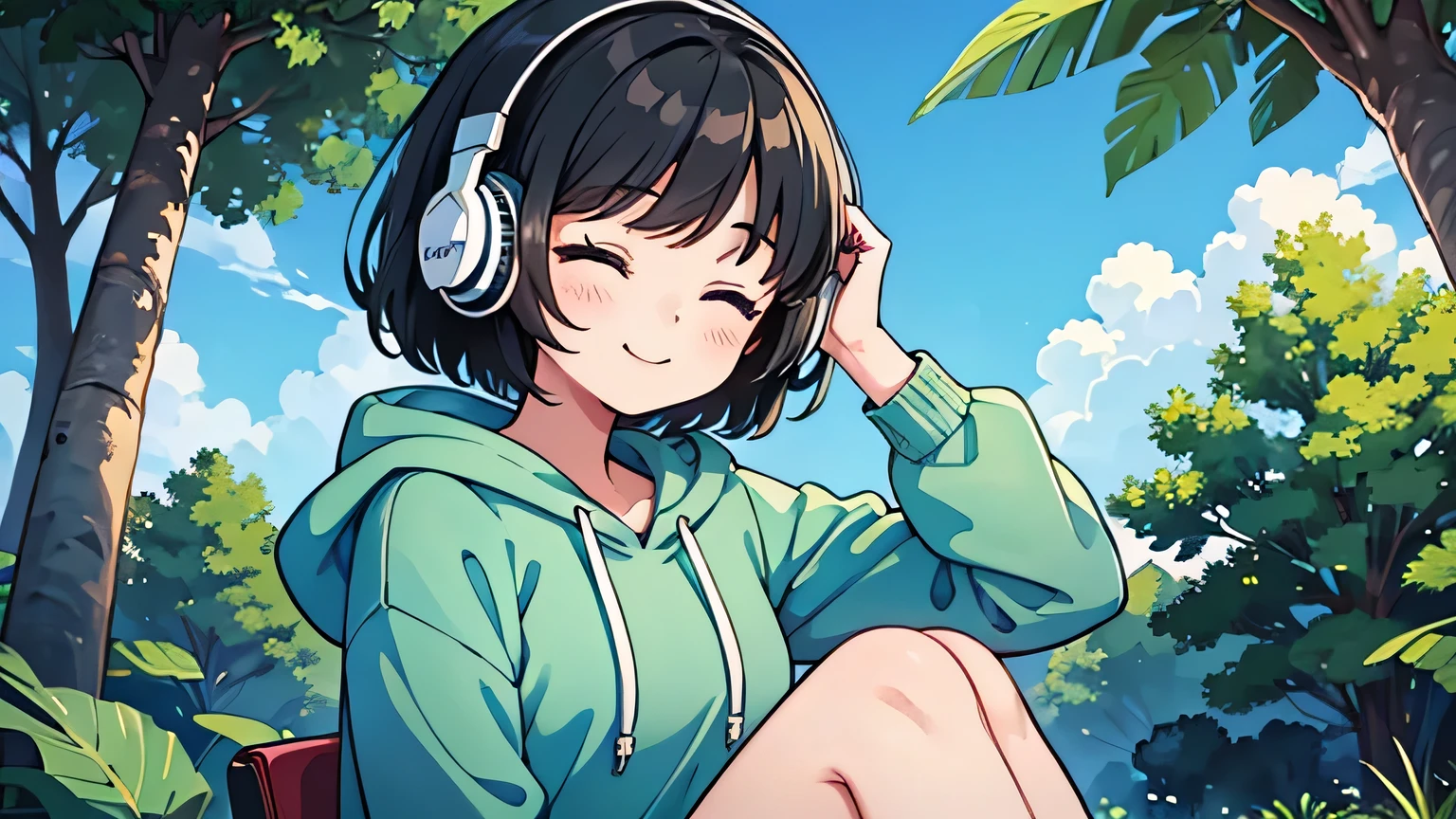 1girl, solo, gentle smile on her face flat chest, short hair, black hair, upper body, ((masterpiece, illustration, best quality)) ((best quality)), ((masterpiece)), (detailed), perfect face, sitting under the Rainbow Eucalyptus (Eucalyptus deglupta), listening to music, One woman, wearing headphones, eyes closed, wearing a hoodie