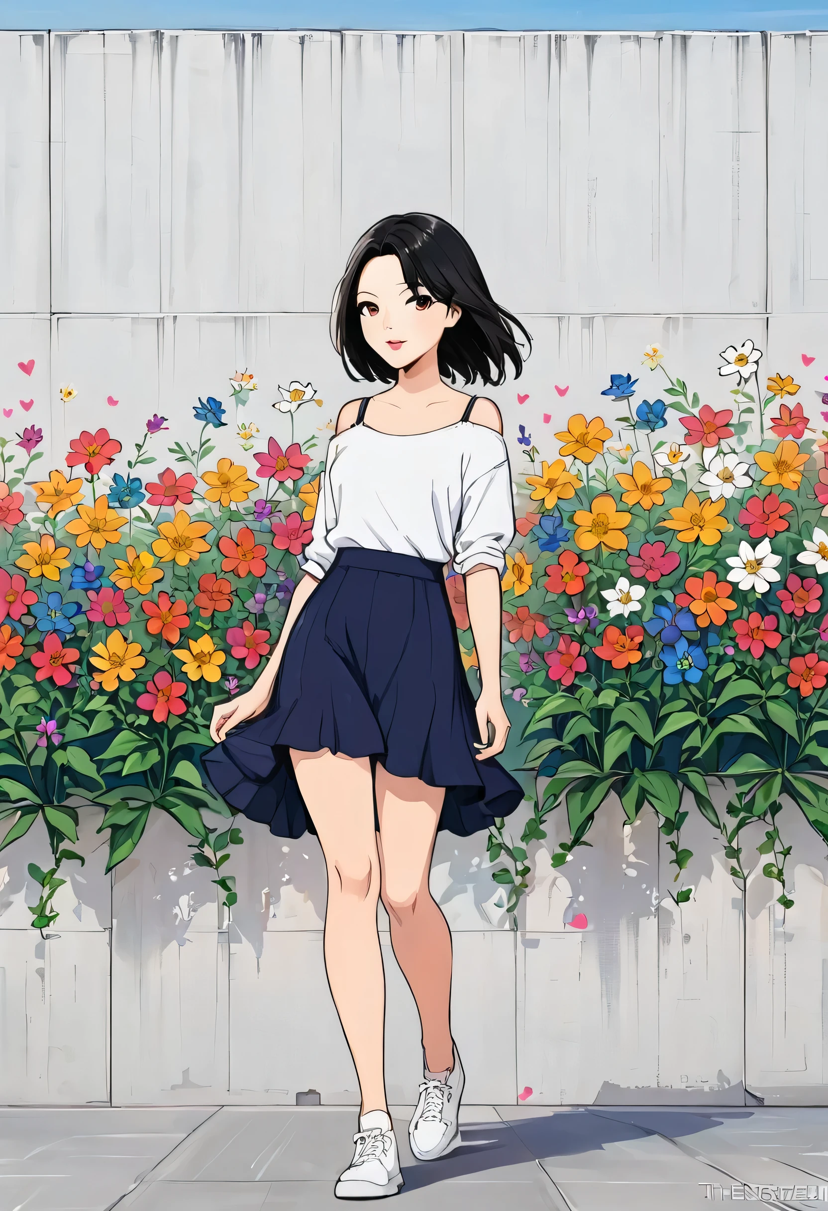 Watase Seizo style, Standing in front of a high wall,Simple Line Initialism,Abstract art,Urban Background, (((The most beautiful girl))), Lips in Love, walking, colorful flowers