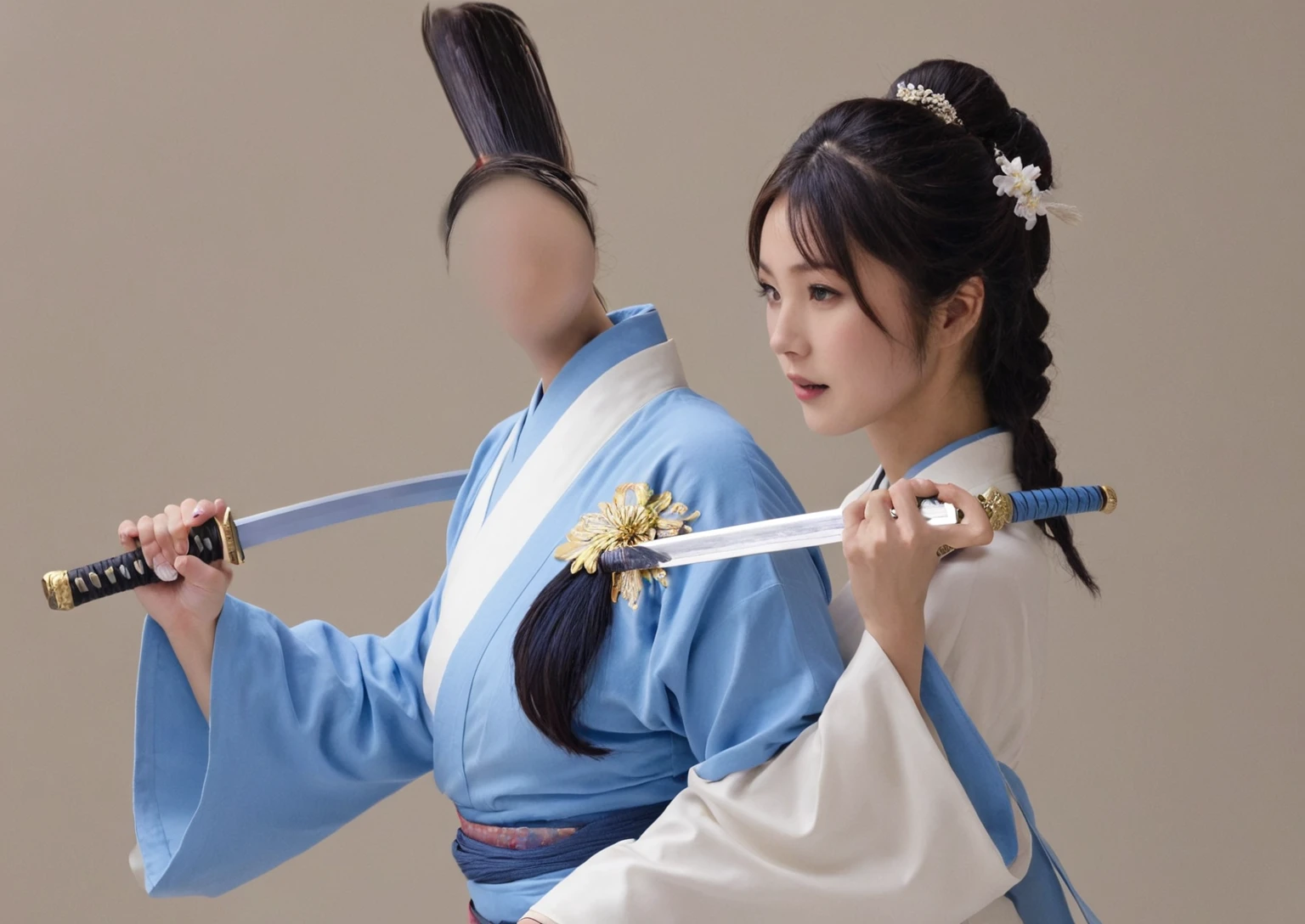 Very Beautiful Japan Woman、Blue Aura Japanese Sword、