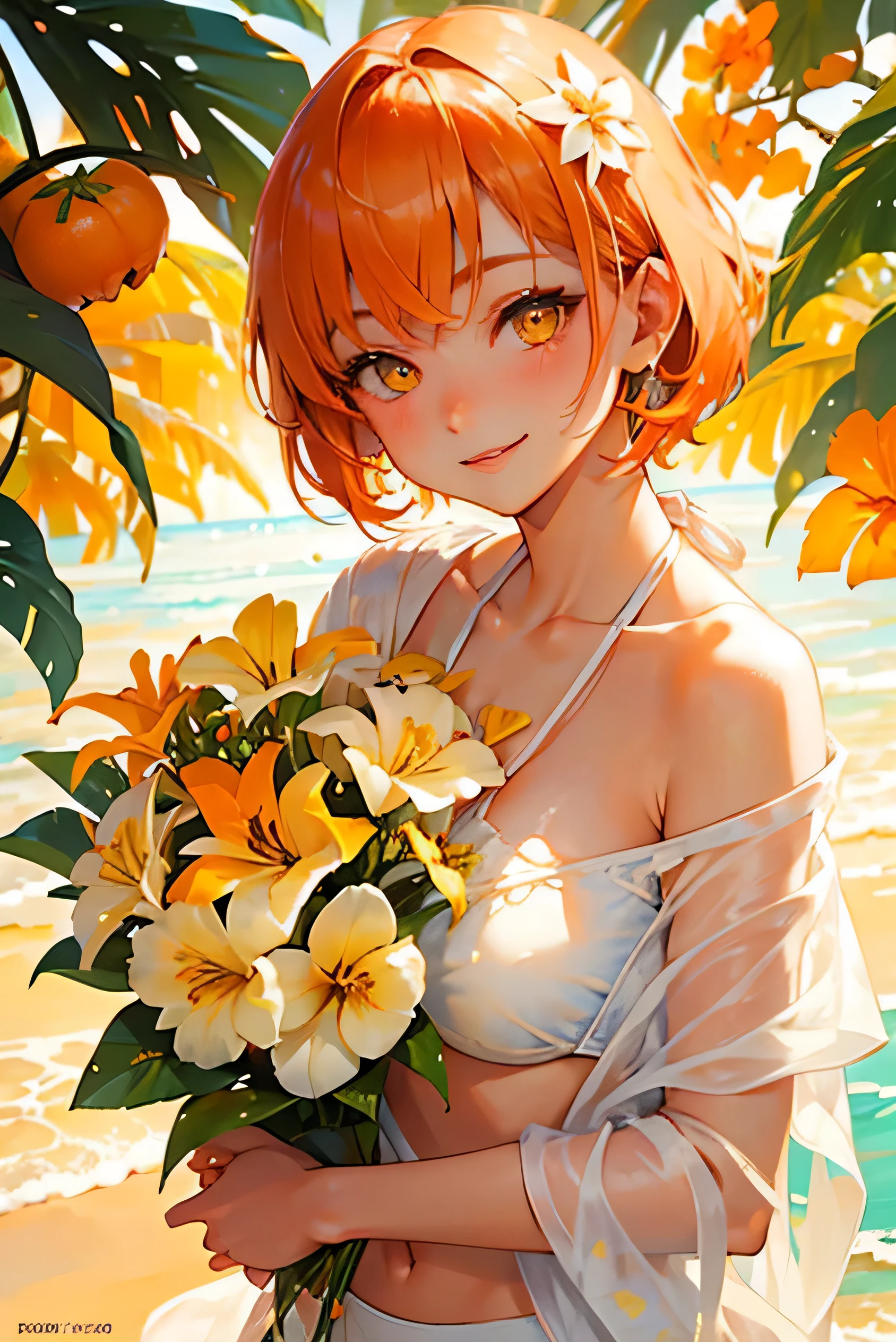 (White Bikini)Beautiful adult woman、1 person、((Orange short hair))(Yellow Eyes)、Hawaiian Flowers々background、Face close-up、smile