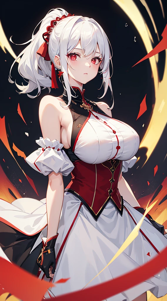 (Maximum quality)，(Depth of Field)，(whole body)，charming，Rich details，1 Girl，(White hair)，Second Dimension，Long Ponytail，Pale red eyes，Red hair accessories，sleeveless，Shoulders open，Crop Topping，sideways，[blush]，poker face，，night，rain，rainbow，(Huge breasts：1.8)