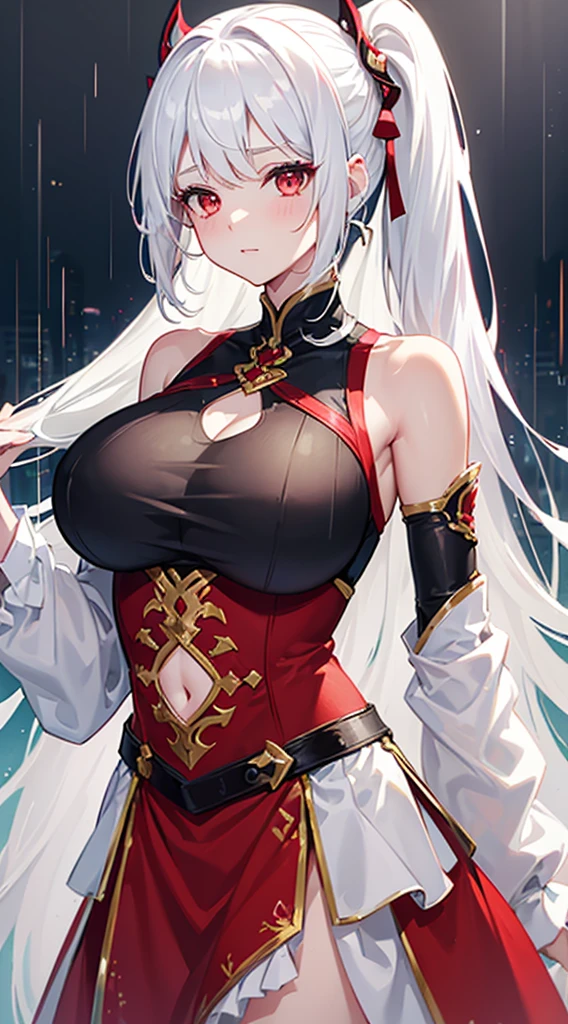 (Maximum quality)，(Depth of Field)，(whole body)，charming，Rich details，1 Girl，(White hair)，Second Dimension，Long Ponytail，Pale red eyes，Red hair accessories，sleeveless，Shoulders open，Crop Topping，sideways，[blush]，poker face，，night，rain，rainbow，(Huge breasts：1.8)