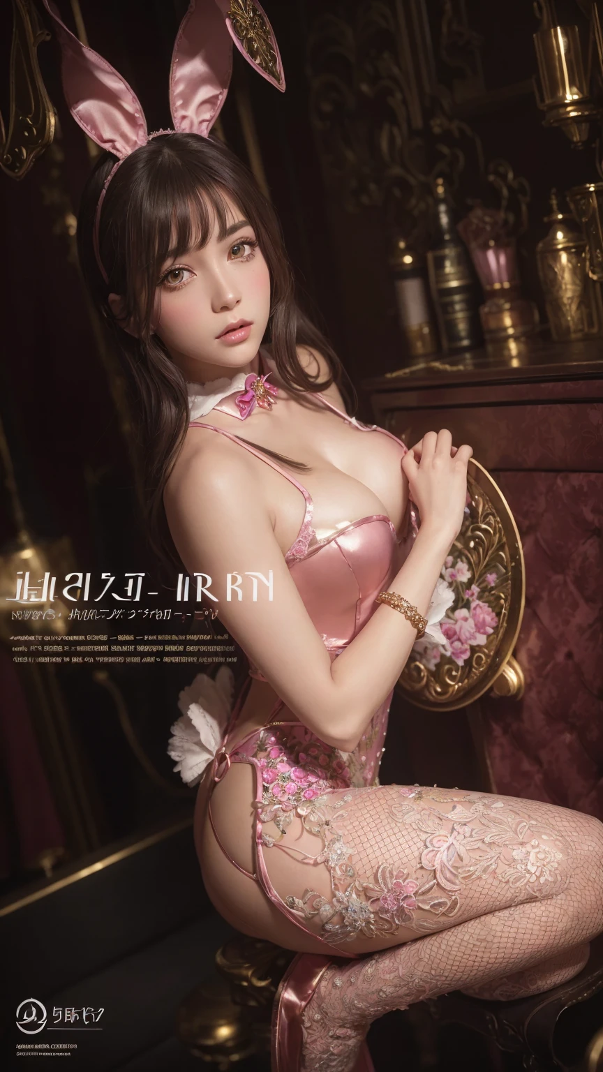 a beautiful detailed pink bunny girl with a magical enamel luster costume, extremely detailed face, eyes, and lips, cinematic lighting, highly detailed, photorealistic, cinematic masterpiece, 8k, hyperrealistic, intricate details, beautiful ornate design, ethereal, elegant, whimsical, fantasy, dreamlike, soft glowing highlights bob heir