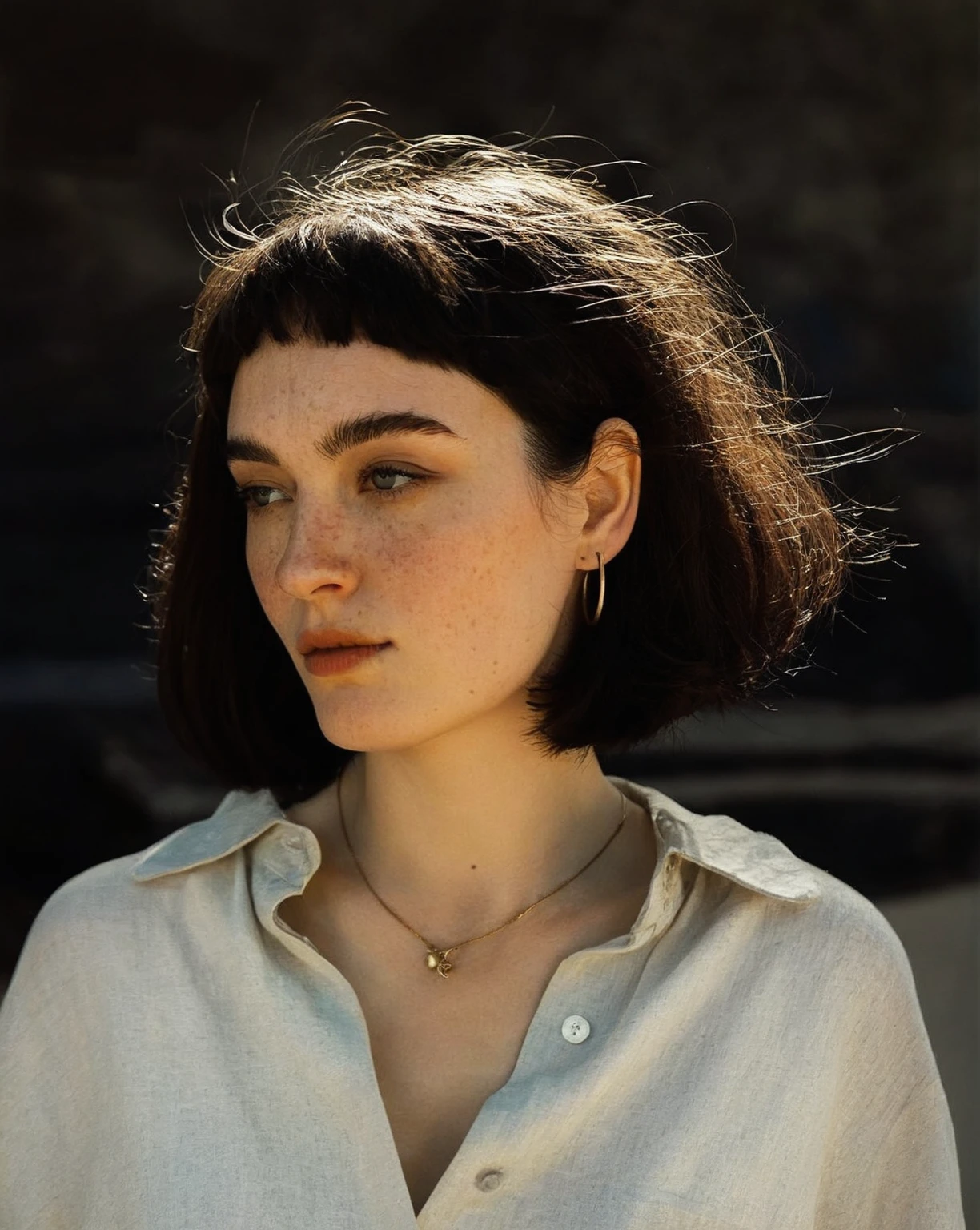 a close up of a woman wearing a necklace and a shirt, french bob, high quality portrait, french bob hair, soft freckles, beautiful thin face, lily frank, Charli Bowater, 50mm portrait, woman face looking off camera, young woman infp, looks like a mix of grimes, she looks like a mix of grimes, white freckles