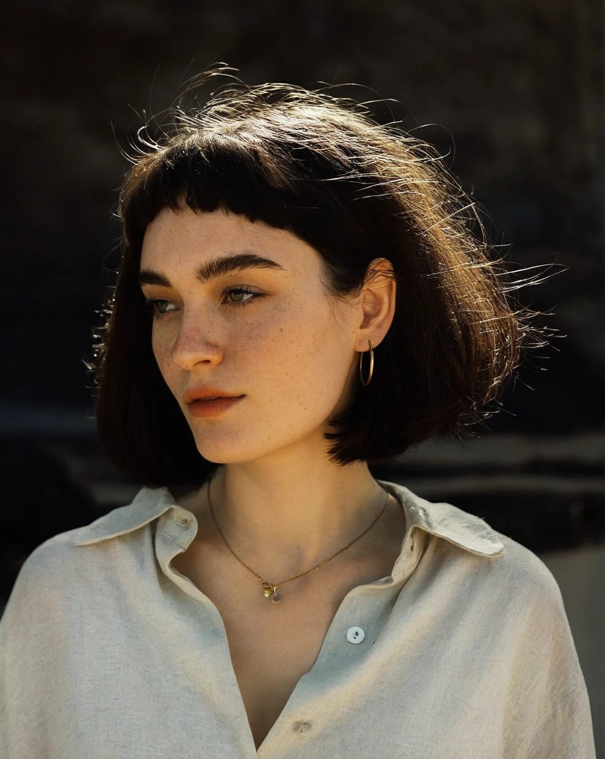 a close up of a woman wearing a necklace and a shirt, french bob, high quality portrait, french bob hair, soft freckles, beautiful thin face, lily frank, Charli Bowater, 50mm portrait, woman face looking off camera, young woman infp, looks like a mix of grimes, she looks like a mix of grimes, white freckles