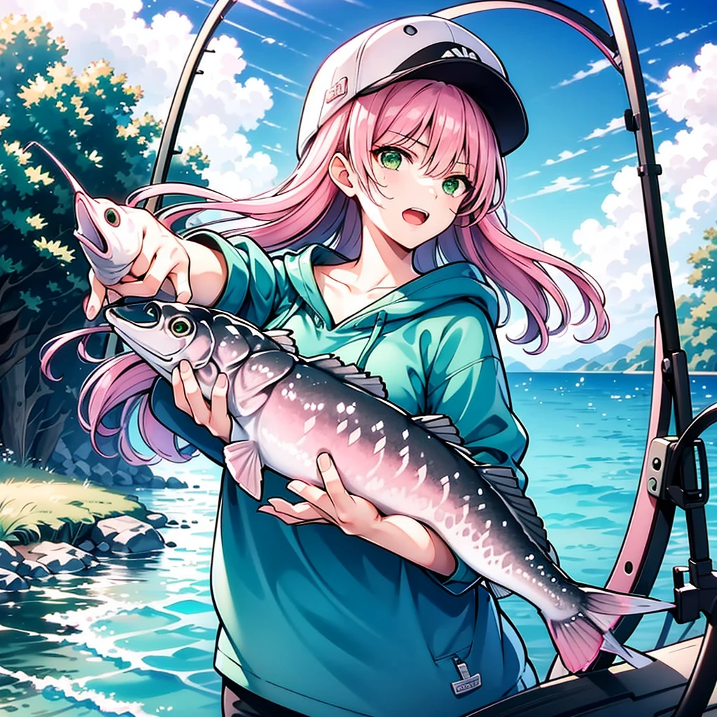 (1 Girl: 1.1) ,((Pink Hair)),((Green Eyes)), Angler, With fish, Expression of joy, hat, river, Fishing poles on a boat