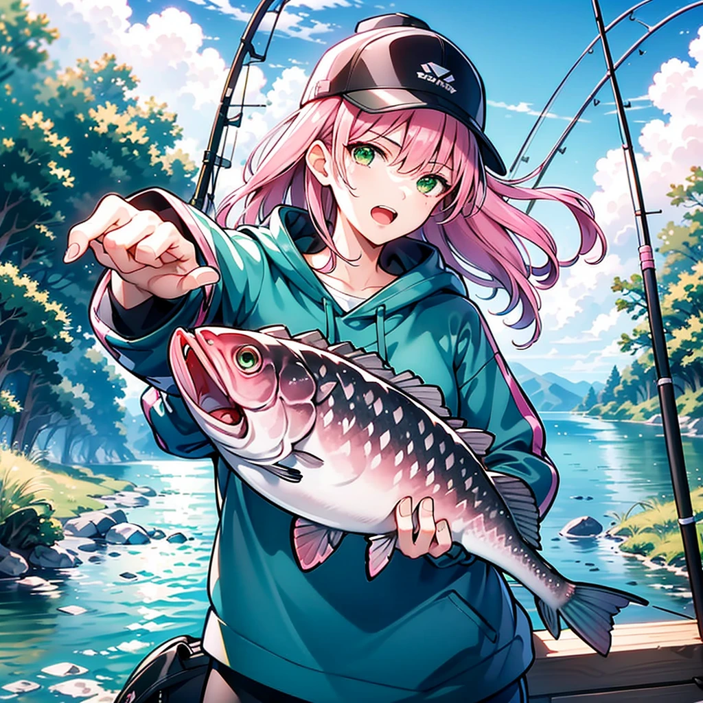 (1 Girl: 1.1) ,((Pink Hair)),((Green Eyes)), Angler, With fish, Expression of joy, hat, river, Fishing poles on a boat