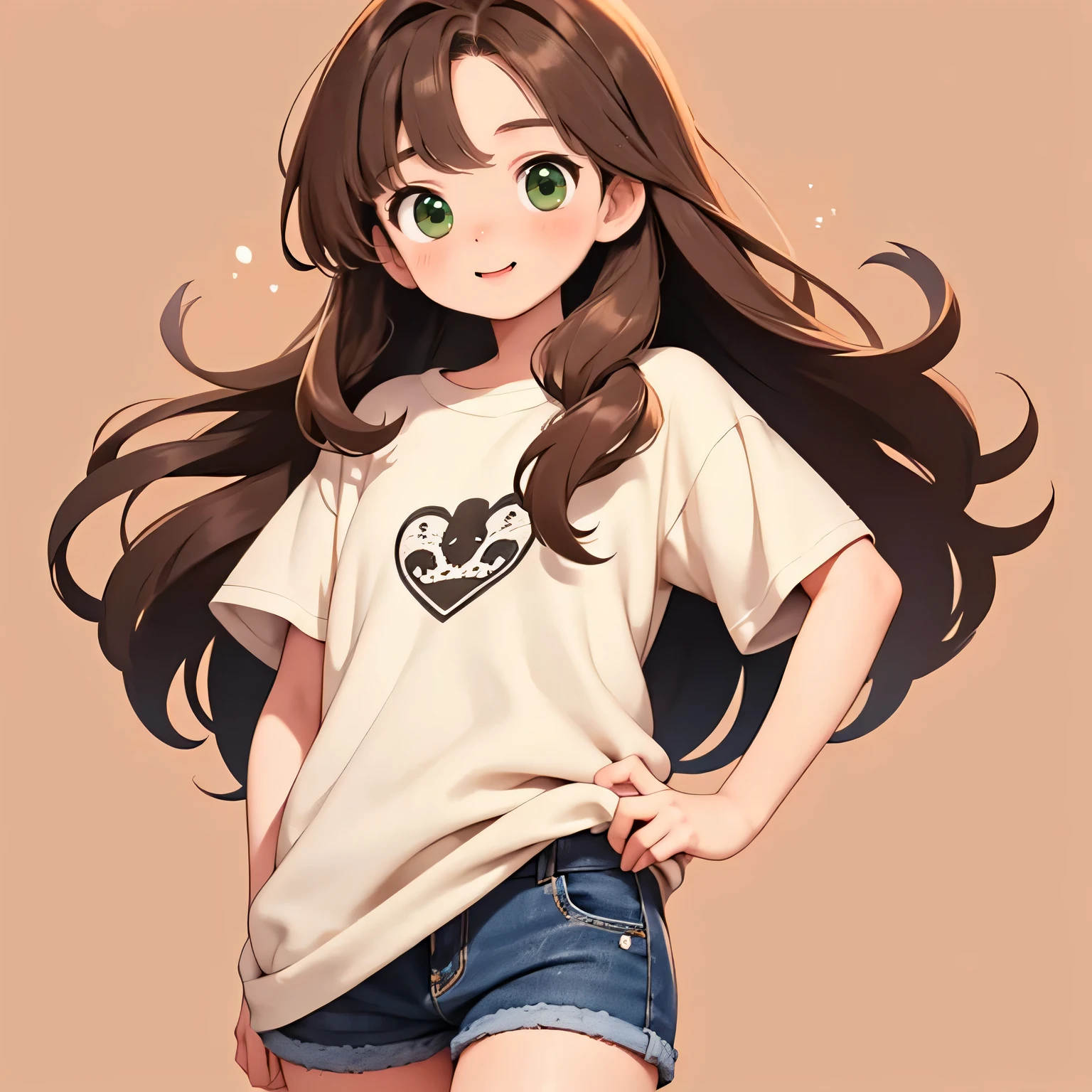 Brown Hair, Long Hair, cute Eyes, low length，Thin thighs，small, Portraiture, Girl，Brown, Happy, small, Short oversized t-shirt，stylish