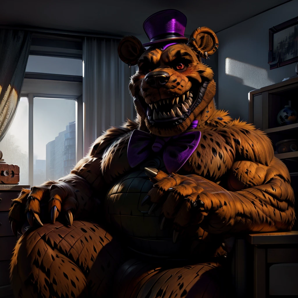 best anatomy, best quality, (by null-ghost,by darkgem,by pino daeni,by zoroj, by redrusker), (furry art, soft shading:1.1), bara, (furry fredmare,:1.1) bear, (broad shoulders, narrow waist:1.05), 5 fingers, , purple tophat, red eyes, black nose, standing in a bedroom, masterpiece, Ultra highest quality, unreal engine, trending on ArtStation, Intricate, Ultra heavy High Detail, dramatic, realism, erection, thick cock, realistic, sitting, muscle, furry, day, looking_at_viewer, Ultra heavy detailed eyes, Ultra heavy detailed body, Ultra detailed heavy face, Ultra heavy detailed cock, Ultra heavy detailed balls, expressive, masculine, purple bowtie, bright room,