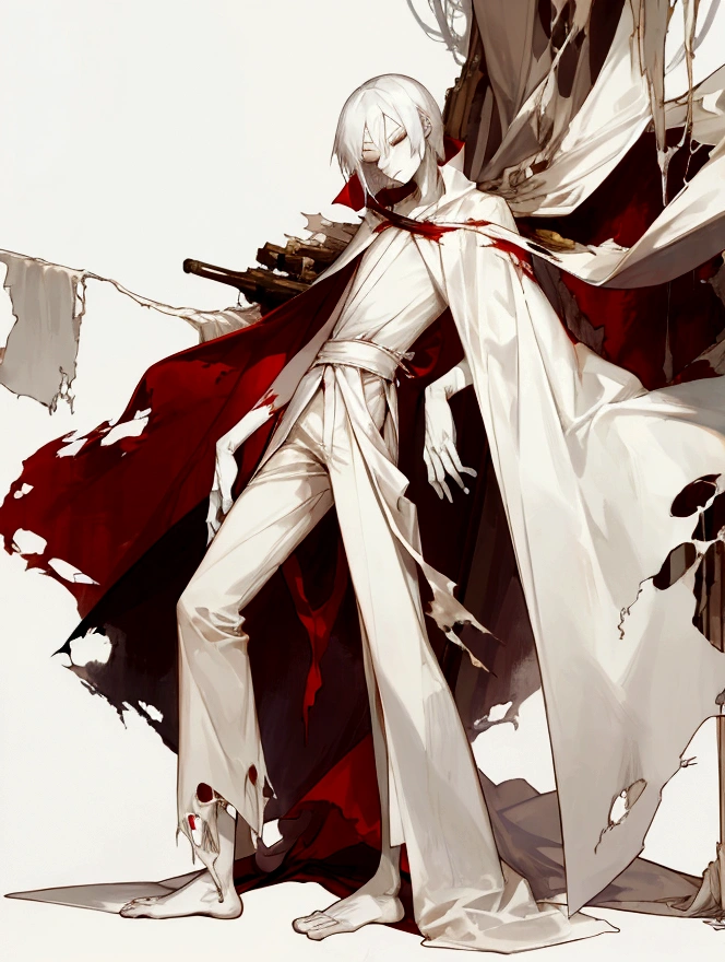full-length, skinny guy, long arms, pale skin, torn white robe, tall, long legs, torn pants, torn shoes, one eye closed