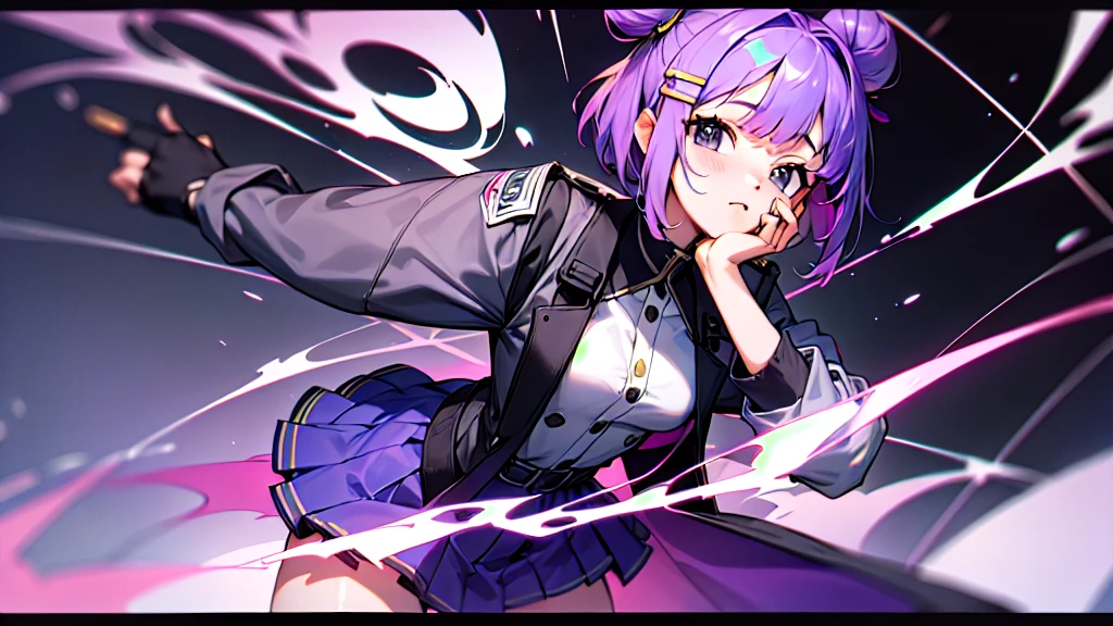 Top Quality, 8K, 4K, High Definition, Detail, (better-quality, 8K, 12), top-quality, 1 girl、purple short bob hair clip tied into a bun、black eyes、small breasts、uniform、gray jacket with pink line、blue skirt、 fingerless gloves、thighs、Ilcha fousing on her, surprise face, having her hands on her face, making cute expressing face. picture pose