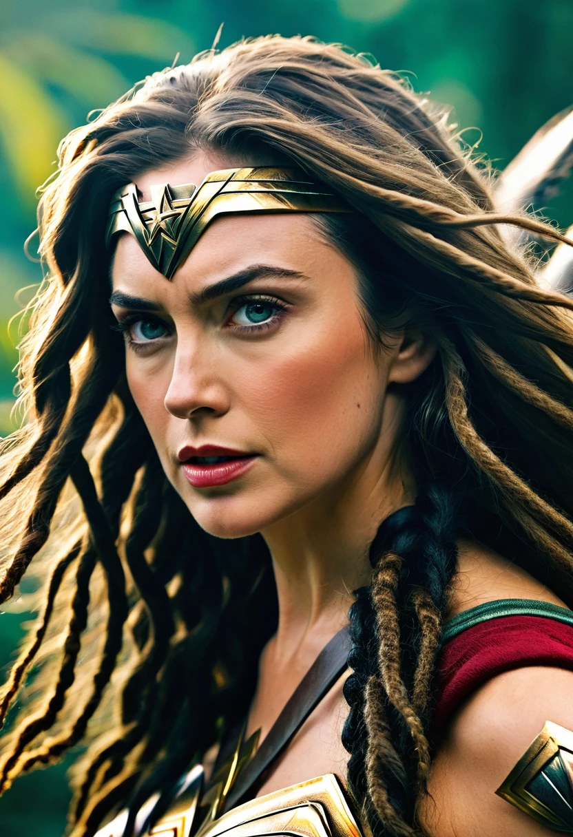 Extremely close-up Hillary Rhoda under the mantle of the Amazon warrior Wonder Woman images Surreal cinematic HD images Color Splash (((dreadlocks))),(((Diaema Wonder Woman))