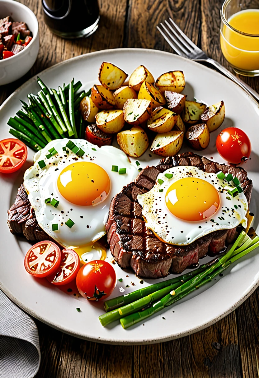 (Cowboy Shot), SFW, (Tabletop), (Highest quality:1.0), (Ultra-high resolution:1.0), Detailed Eyebreaking Ton Rack Lock , suit, formal, Tuxedo, tie, Adjusted Tiebreaker , Nice views、
This photograph shows a sumptuous breakfast of exquisite steak and fried eggs.
- A thin slice of juicy, savory grilled steak is served as the main course, perfectly cooked and beautifully browned.
- On top of it are two fried eggs cooked to the perfect degree of melted yolk, which is very appetizing to the eye.
- Underneath the steak and fried egg is a generous layer of hunky fried potatoes and tomatoes with the perfect balance of sweet and sour flavors.
- Finely chopped fresh green onions are sprinkled throughout the dish, adding to the color and flavor.
- The dishes are presented boldly on a griddle, and just by looking at them, one can almost smell the hot, savory aroma wafting through the air.
All in all, a sumptuous and hearty dish that is sure to provide the perfect satisfaction for breakfast or lunch.