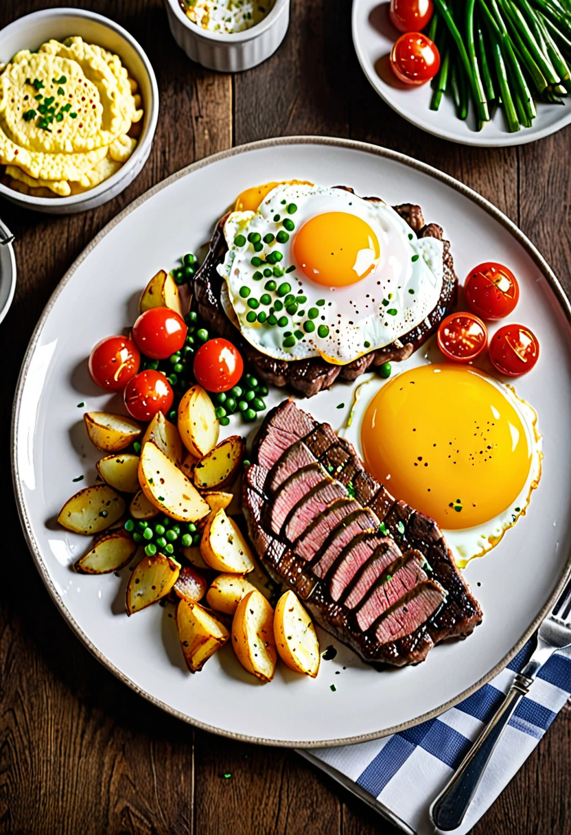 (Cowboy Shot), SFW, (Tabletop), (Highest quality:1.0), (Ultra-high resolution:1.0), Detailed Eyebreaking Ton Rack Lock , suit, formal, Tuxedo, tie, Adjusted Tiebreaker , Nice views、
This photograph shows a sumptuous breakfast of exquisite steak and fried eggs.
- A thin slice of juicy, savory grilled steak is served as the main course, perfectly cooked and beautifully browned.
- On top of it are two fried eggs cooked to the perfect degree of melted yolk, which is very appetizing to the eye.
- Underneath the steak and fried egg is a generous layer of hunky fried potatoes and tomatoes with the perfect balance of sweet and sour flavors.
- Finely chopped fresh green onions are sprinkled throughout the dish, adding to the color and flavor.
- The dishes are presented boldly on a griddle, and just by looking at them, one can almost smell the hot, savory aroma wafting through the air.
All in all, a sumptuous and hearty dish that is sure to provide the perfect satisfaction for breakfast or lunch.