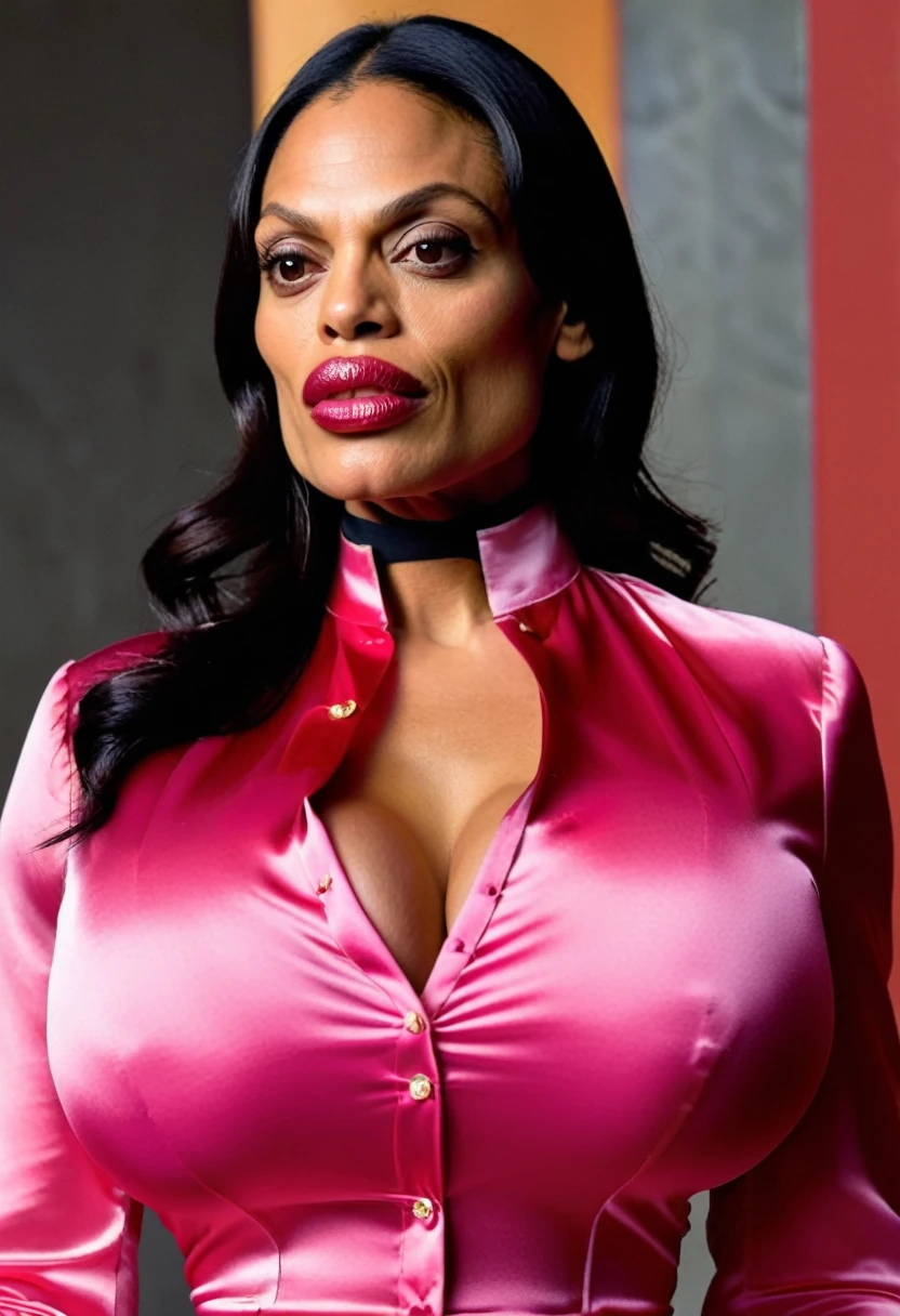 (angry muscular thicc evil rosario dawson sad and angry with flared nostrils and furrowed brows:1.4), (wearing a closed satin skintight silk buttoned mandarin collar blouse with large shoulder-pads and extremely tight satin belt:1.6), tight hairbun, silk gloves, neck defined, waist defined