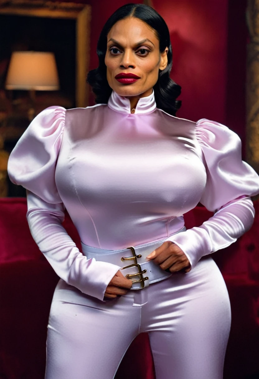 (angry muscular thicc evil rosario dawson sad and angry with flared nostrils and furrowed brows:1.4), (wearing a closed satin skintight silk buttoned mandarin collar blouse with large shoulder-pads and extremely tight satin belt:1.6), tight hairbun, silk gloves, neck defined, waist defined