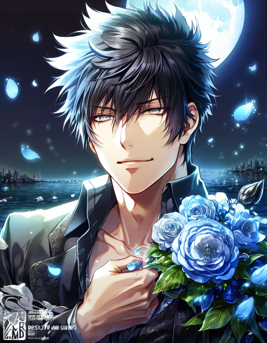 absurdres, highres, ultra detailed, HDR, master piece, Kougami Shinya, black hair, expressive grey eyes, black shirt, black jacket, Psycho Pass, sexy man, handsome, best quality, blue moon, flowers, fantasy, magical, solo, water, blue shining fireflies, blue petals, handsome smile,