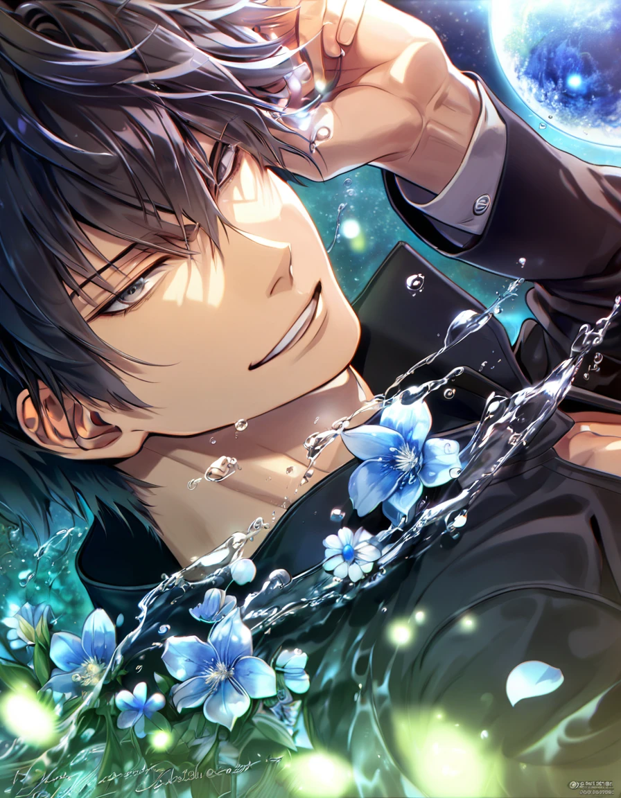 absurdres, highres, ultra detailed, HDR, master piece, Kougami Shinya, black hair, expressive grey eyes, black shirt, black jacket, Psycho Pass, sexy man, handsome, best quality, blue moon, flowers, fantasy, magical, solo, water, blue shining fireflies, blue petals, handsome smile,