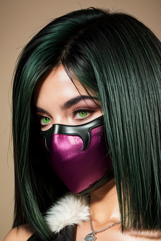((Masked))best quality,highres,ultra-detailed,realistic:1.37,portrait, intercate face details, makeup, eyeliner, good proportions, sexiest quality, thick thighs, fubuki, green hair, taut clothes, fur coat, jewelry, necklace