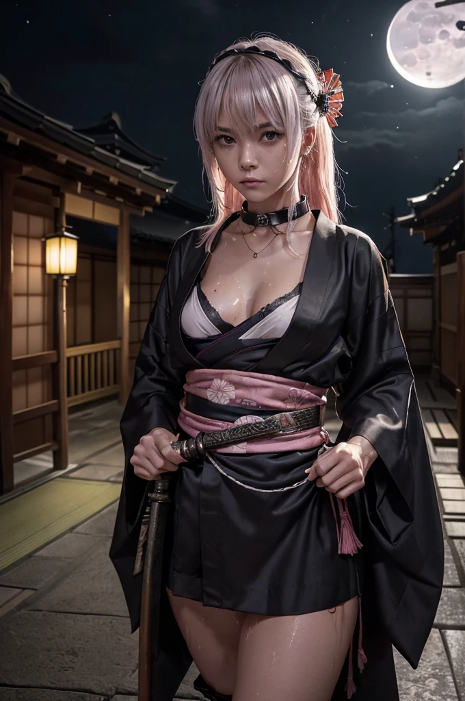 nsfw,(Highest quality:1.2),32k HDR,High resolution,Perfect Anatomy,Wet and shiny white skin,Sweat dripping down my body,Slender model figure,Ahegao,Silver and pink hair,soaked through,Super small face,Collar and leash,Alley,Edo Town,photo shoot,Maid,((Japanese sword)),tattoo,((whole bodyにタトゥー)),(Arms covered in tattoos),(whole bodyをA body covered in tattoos), (A body covered in tattoos),((Collar with leash)),(Lockに繋がれた少女),Women in ecstasy,climax,Acme,Detailed skin texture, Detailed face, Fine grain,((whole body)),((艶やかなkimono)),(((nightの町))),((暗darkness)),((頭からfootまで)),((Lock帷子)),(((Lock))),(foot),(((Wrapped in a cloth))),((Thick-soled boots)),((大きなJapanese swordを構える)),(((Japanese swordを構える)),((kimono)),((Are standing)),((Wrap a cloth around your chest)),(((巨大なJapanese sword))),((Wear a black belt around your waist)),((花柄のkimono)),((Thin fabric)),((身長と同じくらいの大きさのJapanese swordを振りかぶる)),((night)),((Dim light)),((Glaring at the camera)),((Bold pose)),(((Restraints))),(((darkness))),(((moonlight))),