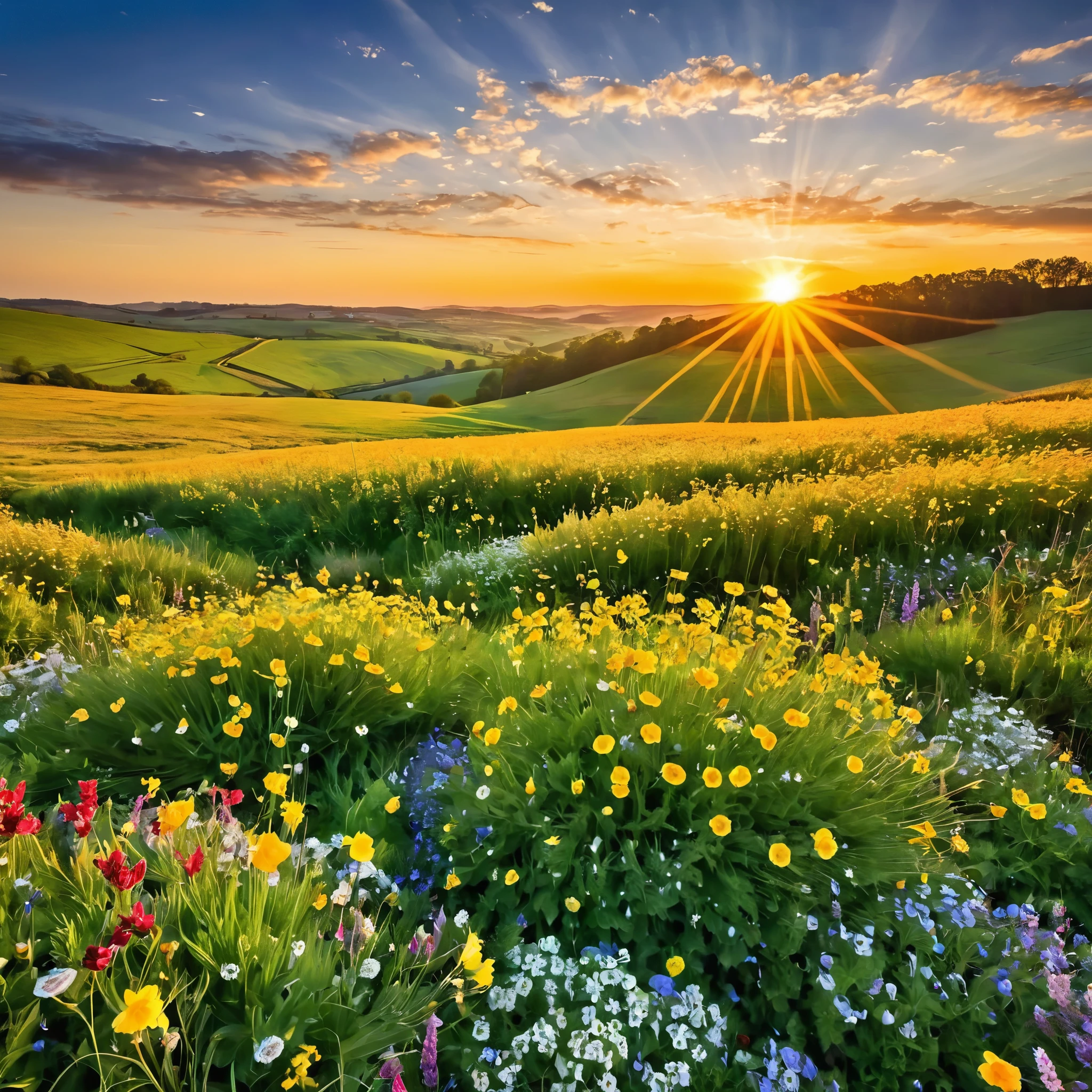 Design a breathtaking sunrise over an Easter landscape, with the sun's rays illuminating fields of wildflowers and a peaceful countryside.