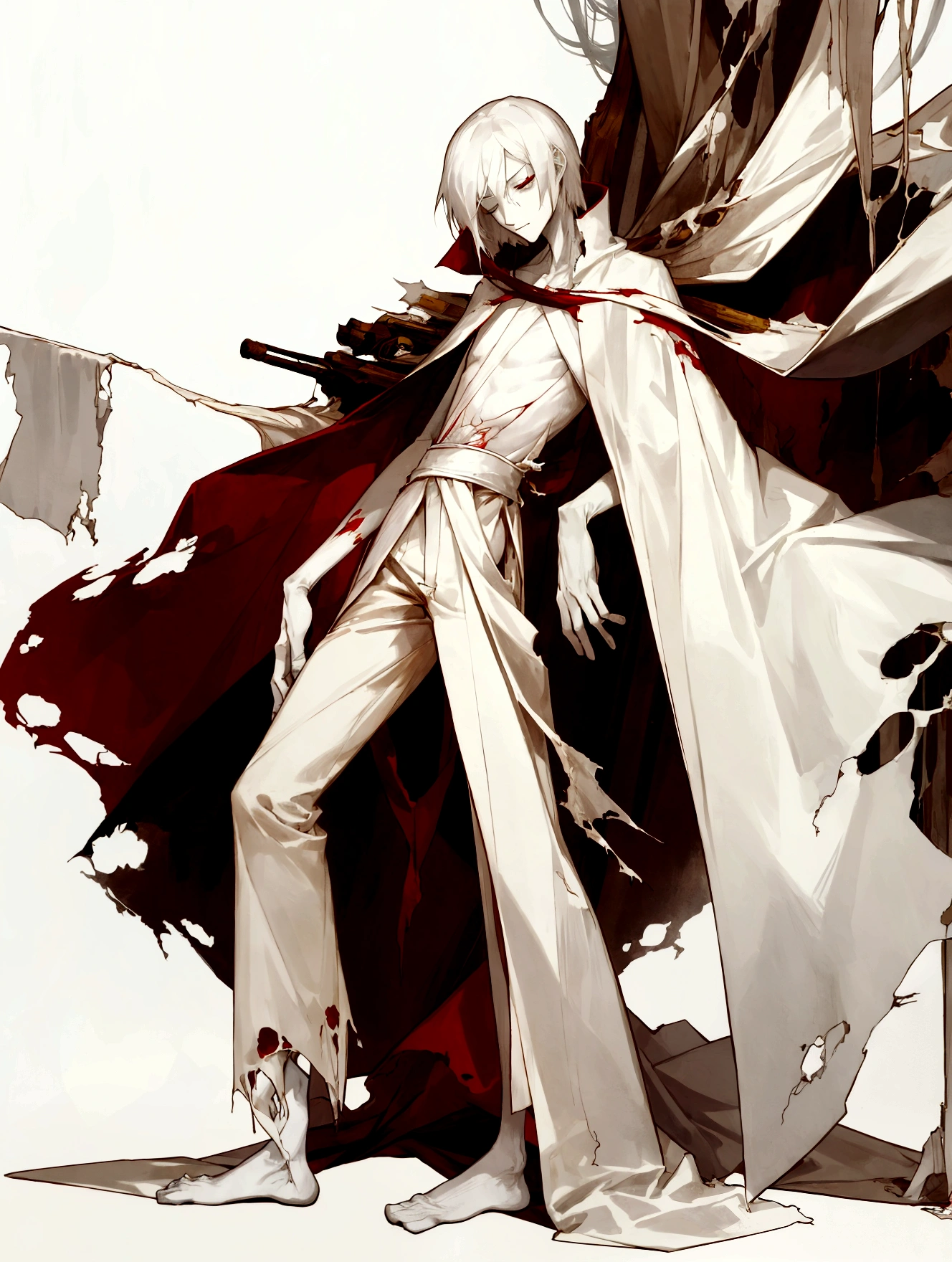 full-length, skinny guy, long arms, pale skin, torn white robe, tall, long legs, torn pants, torn shoes, one eye closed