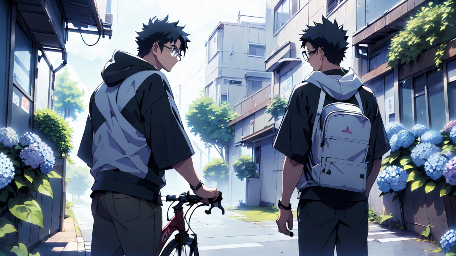 ((Highest quality)), ((masterpiece)), (detailed), Highest quality、High resolution、８K、hoodie、On the right side of the screen is an adult man.、The back view of a student riding a bicycle in the background on the left、33 years old、Dark Eyes、Black Hair、rain、((The whole body is shown))、((The man on the right is looking at the student.))、Standing surrounded by hydrangeas、Japanese anime-like style、超High resolutionかわいい萌えアニメ8k、handsome face manly、 Slender and muscular、Glasses