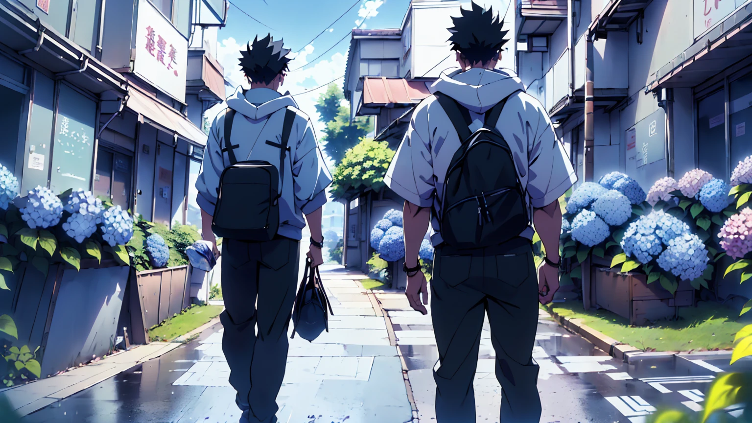 ((Highest quality)), ((masterpiece)), (detailed), Highest quality、High resolution、８K、hoodie、On the right side of the screen is an adult man.、The back view of a student riding a bicycle in the background on the left、33 years old、Dark Eyes、Black Hair、rain、((The whole body is shown))、((The man on the right is looking at the student.))、Standing surrounded by hydrangeas、Japanese anime-like style、超High resolutionかわいい萌えアニメ8k、handsome face manly、 Slender and muscular、Glasses