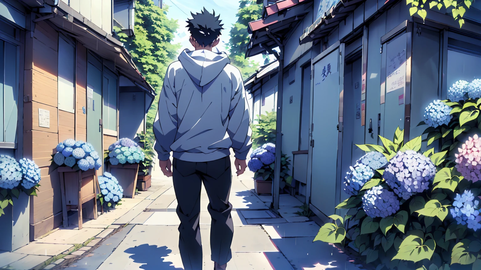 ((Highest quality)), ((masterpiece)), (detailed), Highest quality、High resolution、８K、hoodie、On the right side of the screen is an adult man.、The back view of a student riding a bicycle in the background on the left、33 years old、Dark Eyes、Black Hair、rain、((The whole body is shown))、((The man on the right is looking at the student.))、Standing surrounded by hydrangeas、Japanese anime-like style、超High resolutionかわいい萌えアニメ8k、handsome face manly、 Slender and muscular、Glasses