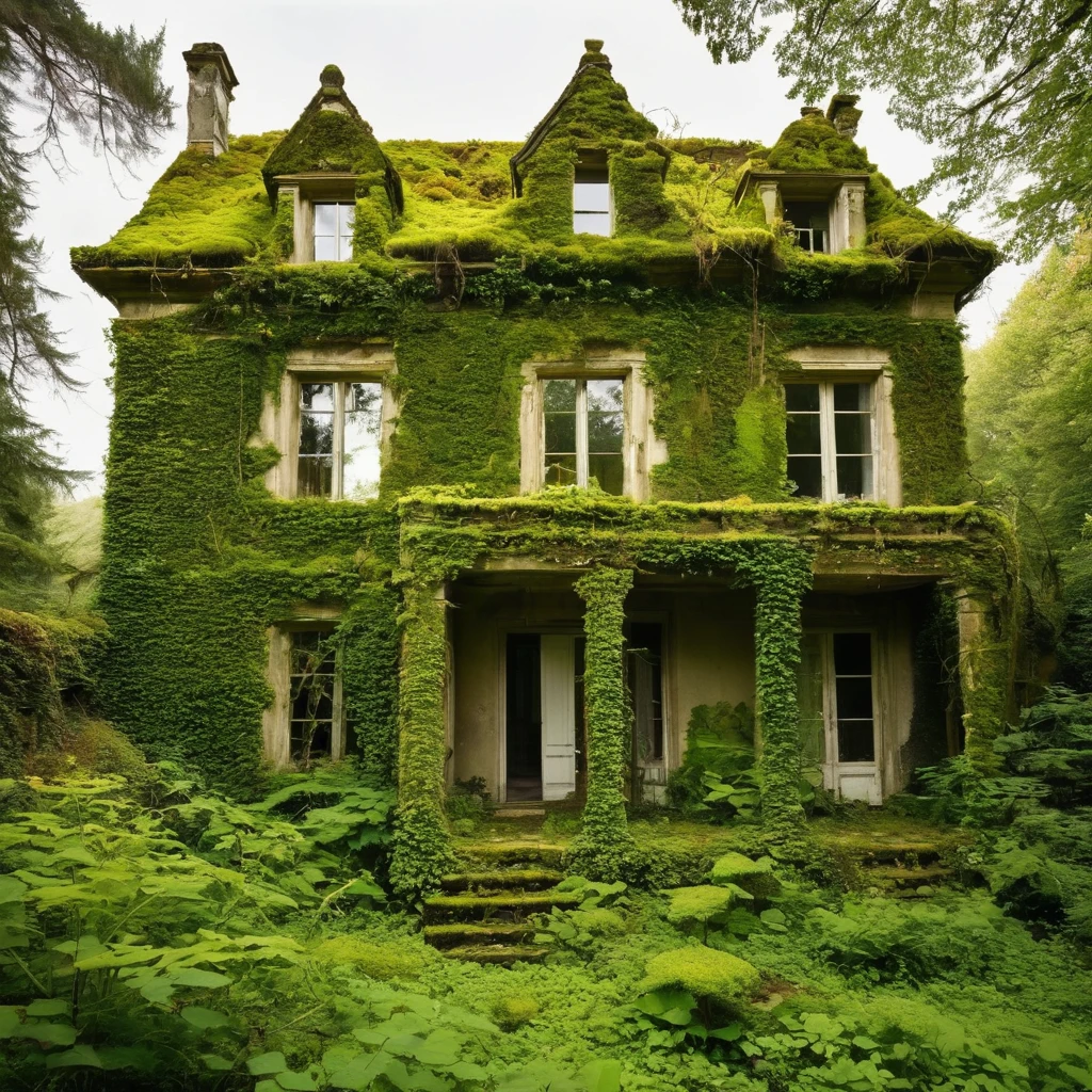 scenario: A house, abandoned for years, with nature invading architecture. The glass windows are broken in some spots, allowing vines and plants to grow inside the house. The outer walls and roof are covered in moss and vegetation, and some parts of the structure are worn and damaged. not internal, old furniture and rubble scattered across the floor, while tree roots and branches extend through the rooms and hallways. The garden, once well taken care of, now it is overgrown with wild weeds and bushes. The room is illuminated by the soft light of dawn, highlighting the mix of destruction and nature recovering. The atmosphere is one of silence and mystery, with the occasional sound of leaves rustling in the wind.

Camera: Low angle panoramic view, capturing the facade of the house and part of the interior invaded by vegetation. Soft natural early morning lighting, emphasizing the vibrant colors of the moss and plants, as well as the architectural details of the house. (真实感, Canon Eos 300mm Film, wide angle lens)