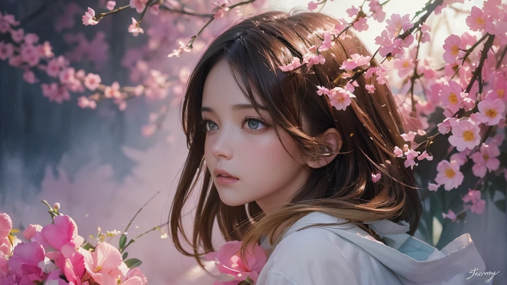 32k, Masterpiece, Highest quality, One girl, Brown Hair, Detailed eyes, flower,sweet pea, Pink and yellow style,A dreamy, romantic piece,Pale pink, Mysterious Leaves,A playful arrangement,Fantasy,High Contrast,Ink strokes,explosion,Exposure, Impression of pink and yellow tones,Abstract,((Watercolours by John Berkey and Jeremy Mann )) Brush strokes,Negative Space, Tyndall effect, White background