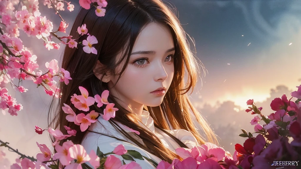 32k, Masterpiece, Highest quality, One girl, Brown Hair, Detailed eyes, flower,sweet pea, Pink and yellow style,A dreamy, romantic piece,Pale pink, Mysterious Leaves,A playful arrangement,Fantasy,High Contrast,Ink strokes,explosion,Exposure, Impression of pink and yellow tones,Abstract,((Watercolours by John Berkey and Jeremy Mann )) Brush strokes,Negative Space, Tyndall effect, White background