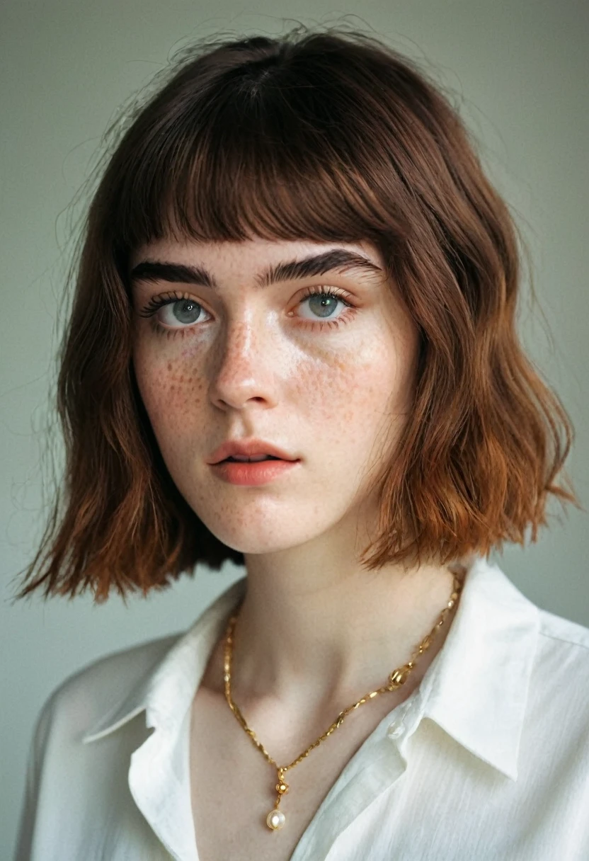 a close up of a woman wearing a necklace and a shirt, french bob, high quality portrait, french bob hair, soft freckles, beautiful thin face, lily frank, Charli Bowater, 50mm portrait, woman face looking off camera, young woman infp, looks like a mix of grimes, she looks like a mix of grimes, white freckles