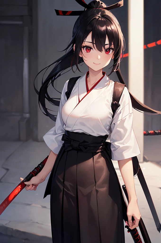 (masterpiece; best quality: 1.2), (finely detailed eyes: 1.3), ((25 year old woman)), ((solo)), (red eyes: 1.4), (body; lithe, slender, femenine: 1.3), (black hair in ponytail: 1.3), (beautiful and clear background: 1.2), ((depth of field)), (clothes: ronin attire + white kosode + black hakama + black sash: 1.3), (anime illustration: 1.2), (background composition; kendo dojo + night time: 1.1), (extremely fine and beautiful: 1.1), (shot composition; standing + centered on torso + close-up: 1.5), (expression; calm, smile: 1.2)