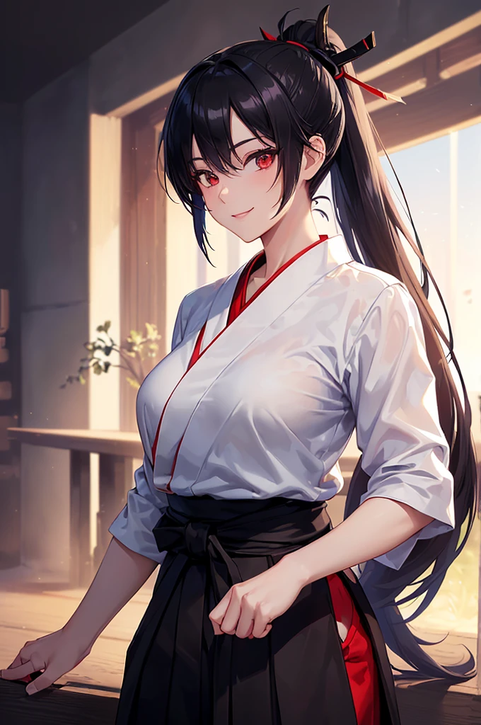 (masterpiece; best quality: 1.2), (finely detailed eyes: 1.3), ((25 year old woman)), ((solo)), (red eyes: 1.4), (body; lithe, slender, femenine: 1.3), (black hair in ponytail: 1.3), (beautiful and clear background: 1.2), ((depth of field)), (clothes: ronin attire + white kosode + black hakama + black sash: 1.3), (anime illustration: 1.2), (background composition; kendo dojo + night time: 1.1), (extremely fine and beautiful: 1.1), (shot composition; standing + centered on torso + close-up: 1.5), (expression; calm, smile: 1.2)