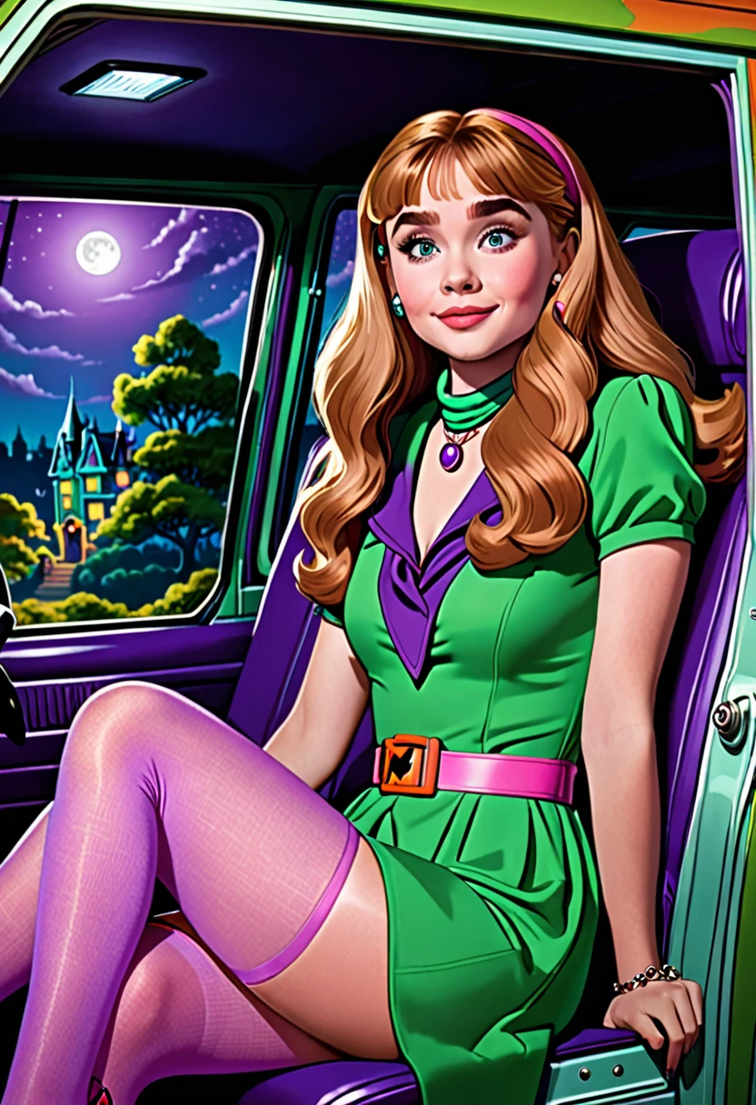 Sabrina Carpenter as Daphne Blake from Scooby-Doo sitting in the mystery machine in the passenger seat. She has orange shoulder length hair. A purple dress with pink pantyhose. A green scarf. And a light purple belt around her waist. It is night time nothing but the Moon is illuminating the scene. She is at a haunted mansion